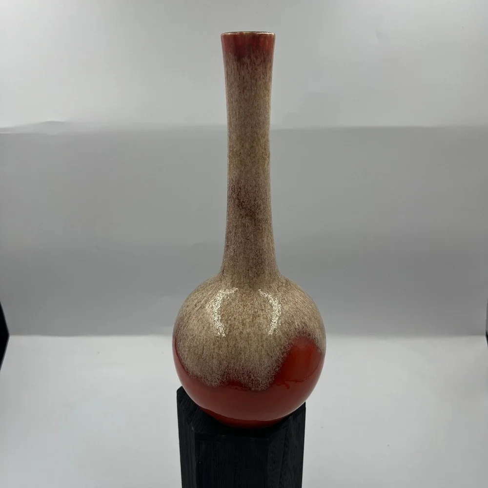 Vtg Royal‎ Haeger Red Burnt Orange Lava Drip Glaze Long Neck Bud Vase MCM 11.5